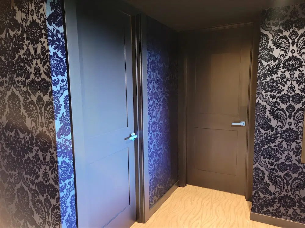 Finished lower-level hallway with paneled doors, patterned wall finishes and carpet