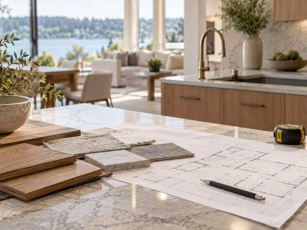 Planning a Major Home Renovation in Kirkland: Budget, Permits, Timeline & Checklist 4 Plans and material samples on a kitchen counter