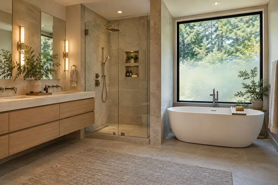 Home Remodeling Contractor in Bellevue, WA | CHC Remodel 15 Vanity and shower finish detail in a Bellevue bathroom remodel