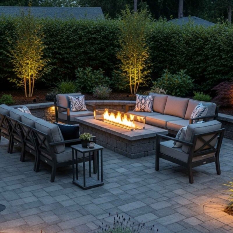 paver patio and fire pit extends Round Outdoor Living
