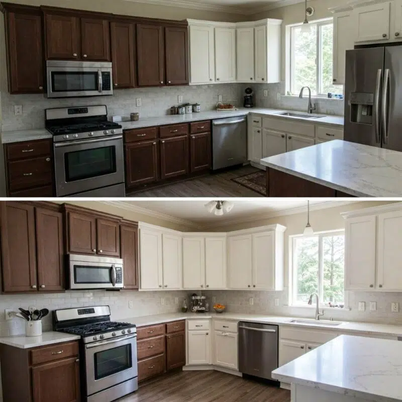 A before-and-after photo of an Issaquah kitchen remodel