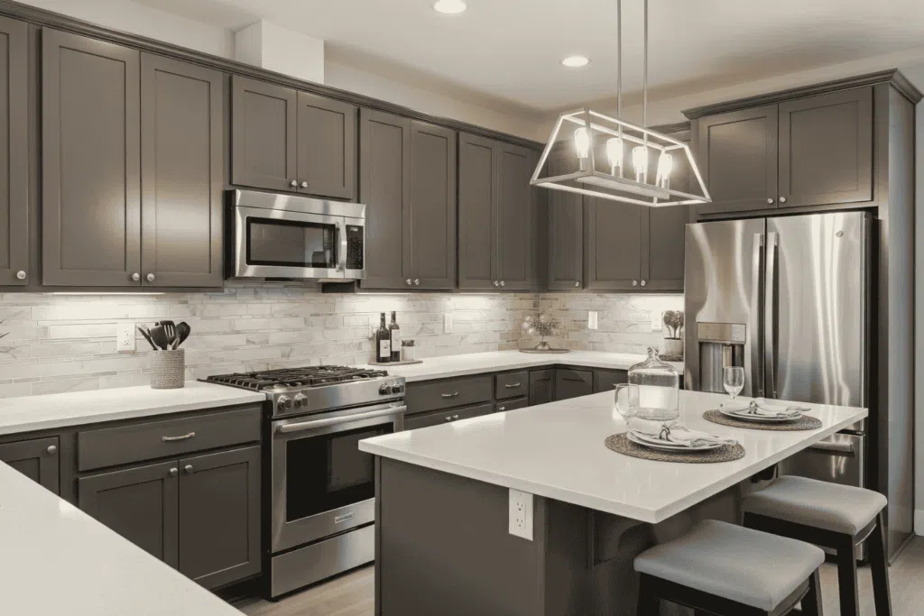 Modern kitchen design with dark cabinetry and a large island