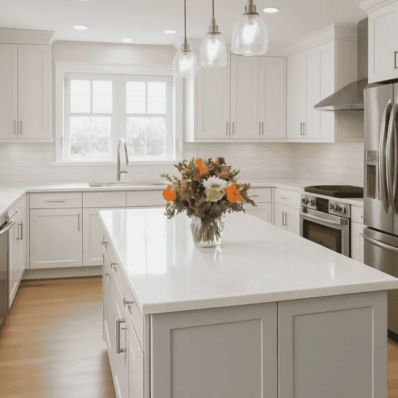 A bright Kirkland kitchen embodying the Pacific Northwest aesthetic, with natural wood cabinets and a stone backsplash overlooking a forest