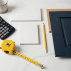 What Does It Cost to Remodel a Kitchen in Seattle? A 2025 Guide 2 A clean, bright flat-lay composition on a white marble surface. The image includes a calculator, a tape measure, a pencil, several high-end material samples (like a piece of quartz, a cabinet door sample in a sophisticated navy blue), and a coffee cup