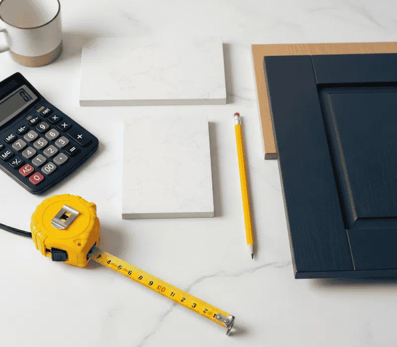 A clean, bright flat-lay composition on a white marble surface. The image includes a calculator, a tape measure, a pencil, several high-end material samples (like a piece of quartz, a cabinet door sample in a sophisticated navy blue), and a coffee cup