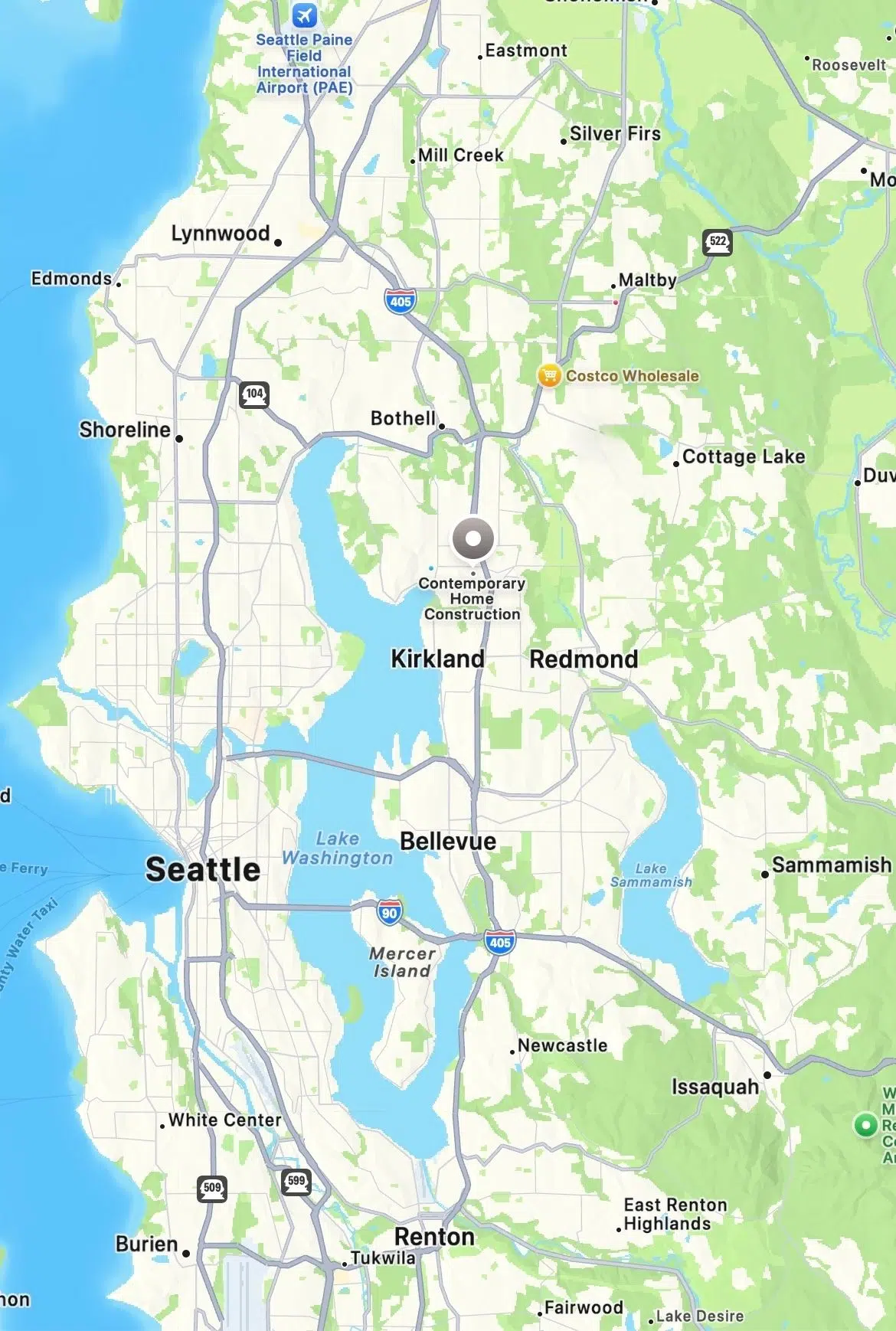 Service area map for Contemporary Home Construction, LLC, a home builder located in Kirkland and serving the greater Seattle area including Bellevue and Redmond