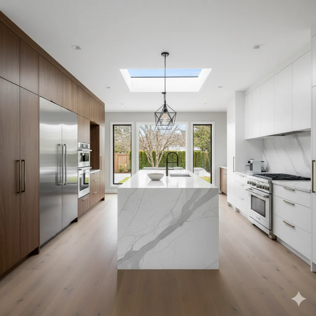 Custom kitchen remodel with cabinetry, island and coordinated finishes