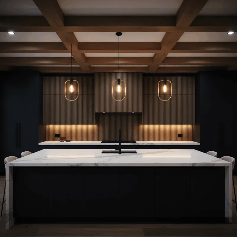A luxurious kitchen remodel featuring a high-contrast design of matte black cabinets and a white quartzite waterfall island, warmed by wood ceiling beams.