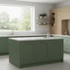 Modern Kitchen Remodel Trends Kirkland Homeowners Are Loving 8 A bright kitchen showcasing the 2026 trend of matte sage green cabinets, light oak open shelving, and a white quartz countertop.