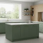 Modern Kitchen Remodel Trends Kirkland Homeowners Are Loving 3 A bright kitchen showcasing the 2026 trend of matte sage green cabinets, light oak open shelving, and a white quartz countertop.