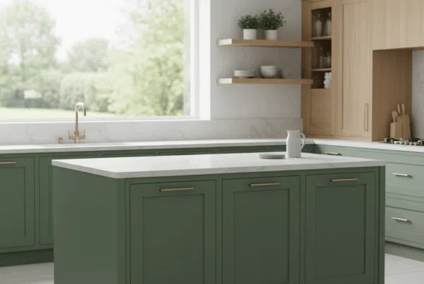 Modern Kitchen Remodel Trends Kirkland Homeowners Are Loving 4 A bright kitchen showcasing the 2026 trend of matte sage green cabinets, light oak open shelving, and a white quartz countertop.