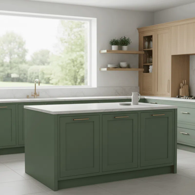 A bright kitchen showcasing the 2026 trend of matte sage green cabinets, light oak open shelving, and a white quartz countertop.
