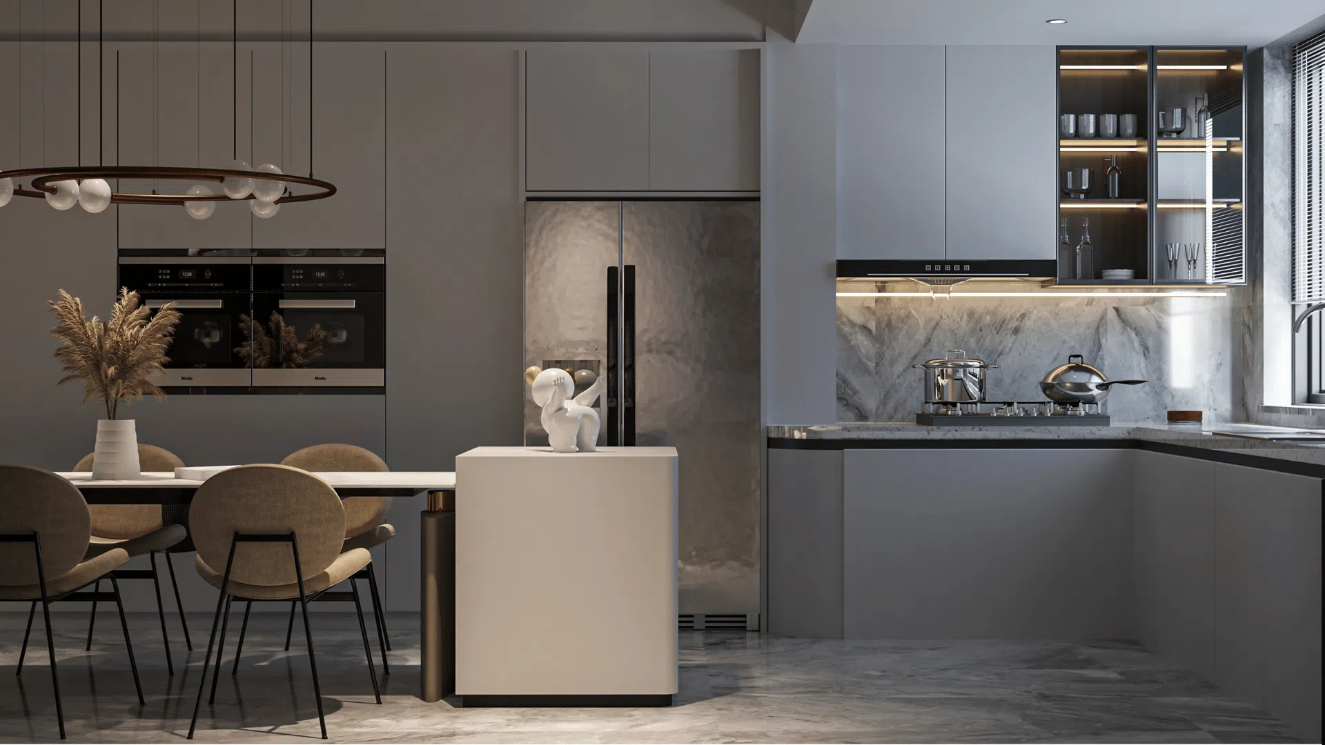 Modern gray kitchen with integrated appliances, tall cabinets and illuminated display storage