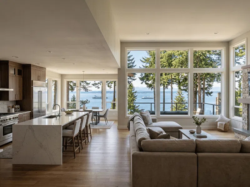 Completed open-concept home remodeling project in Edmonds, WA with Puget Sound views.