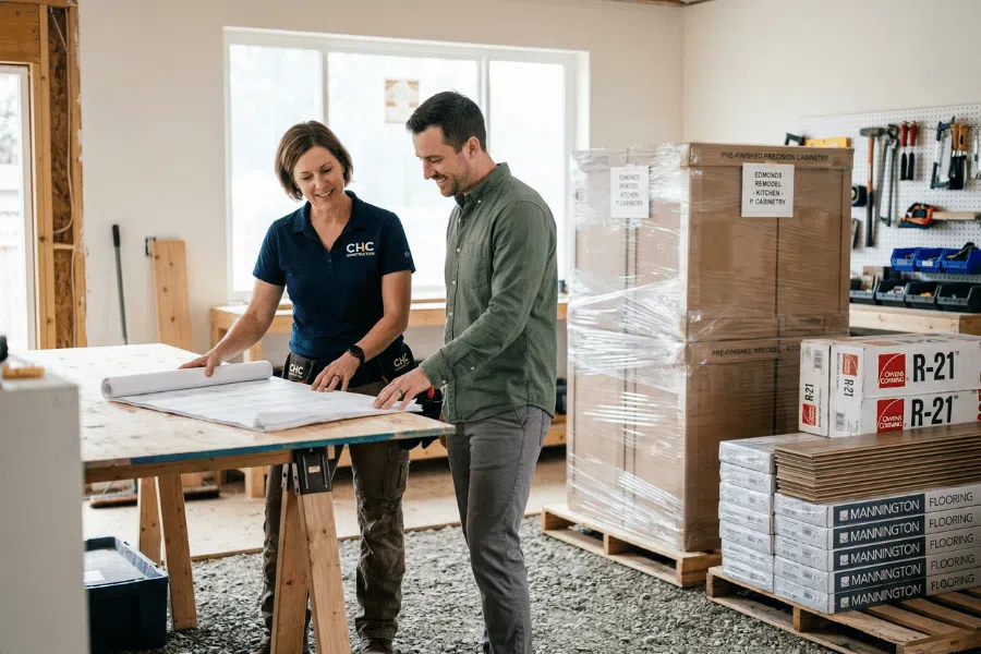 Kirkland Home Renovation Due-Diligence Checklist: Licenses, Bids, Insurance and Contracts 2 Remodeling project lead reviewing plans and scope with a homeowner on site