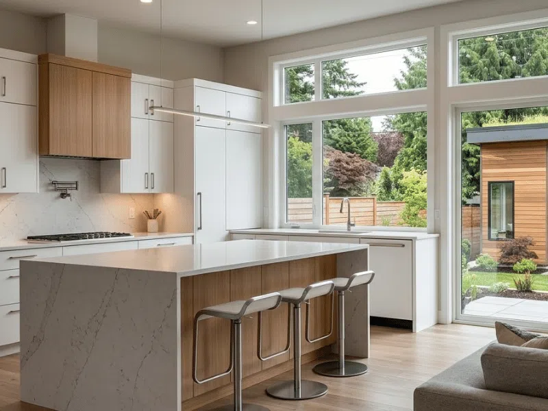 Open concept kitchen and newly built DADU by a Lynnwood general contractor.