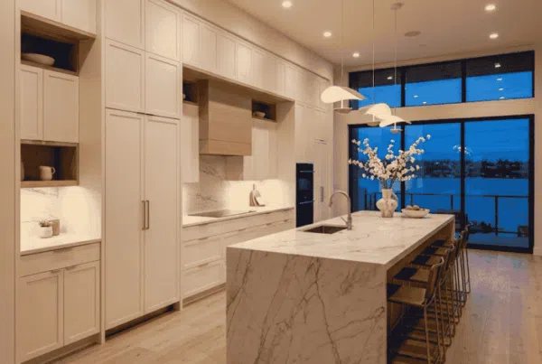 Custom Kitchen Cabinets in Seattle: How to Choose Them and What Installation Involves 6 Floor-to-ceiling custom cabinets and a stone waterfall island in a modern kitchen