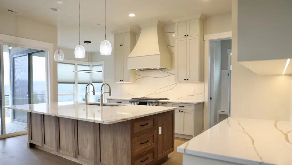 White kitchen remodel with waterfall island and pendant lights
